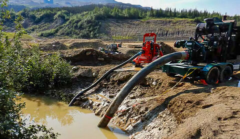 Pumps manage and treat water at Eagle Mine after heap leach failure.