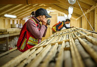 Geologists take a close look at core from a hole drilled in the Chinook deposit.