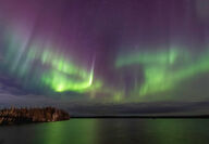 Curtains of green and purple northern lights reflect off lake in NWT.