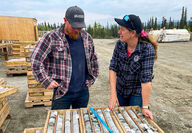 Banyan Gold CEO Tara Christie explaining core geology during site tour.