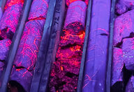 Drill core shows purple with web of neon red silver-zinc-lead veins in UV light.