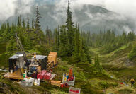 A drill tests a gold-silver target on a cloudy day at Kitsault Valley, BC.