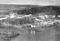 Black and white photograph of Radium Point, a company mining town.