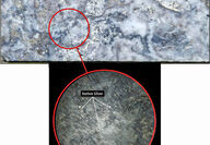 Mineralized drill core with lower image of microscope view of circled area.