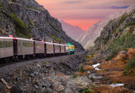 A train passes along a river and fireweed on the White Pass and Yukon Route.