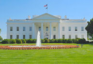 Front of the White House on a spring day in Washington, DC.