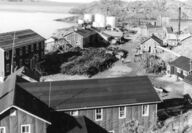 Black and white photo of historic uranium mine at Radium Point.