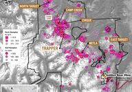 Map of Thorn with gold assay results shown with pink squares and circles.