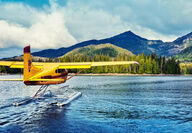 Yellow seaplane lands on Kendrick Bay in front of Bokan Mountain.