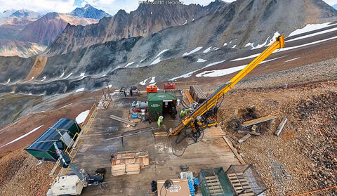 Drone view of a drill testing for gold in the Alaska Range mountains.